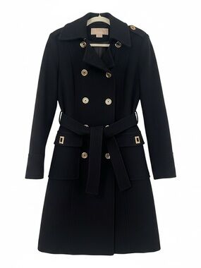 Michael Kors Black Wool Cashmere Military Belted Coat Size 2 Gold-Tone Buttons